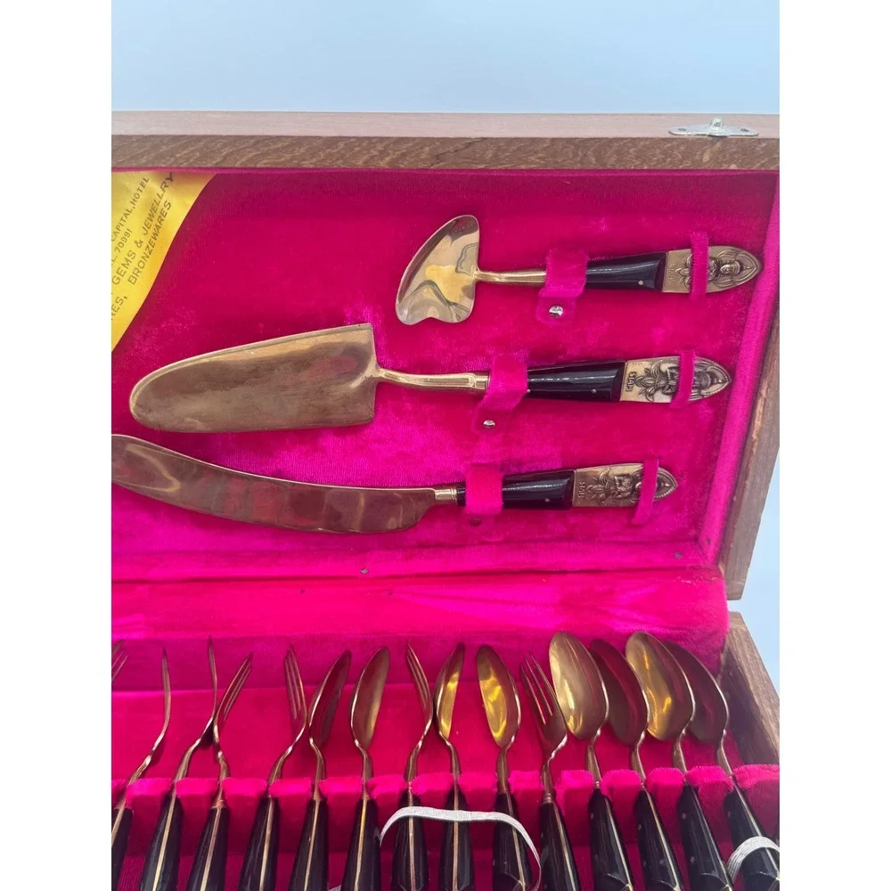 Vintage James Thailand Nickel Bronze Dessert Utensil Set 19pc Siam Goddess Case